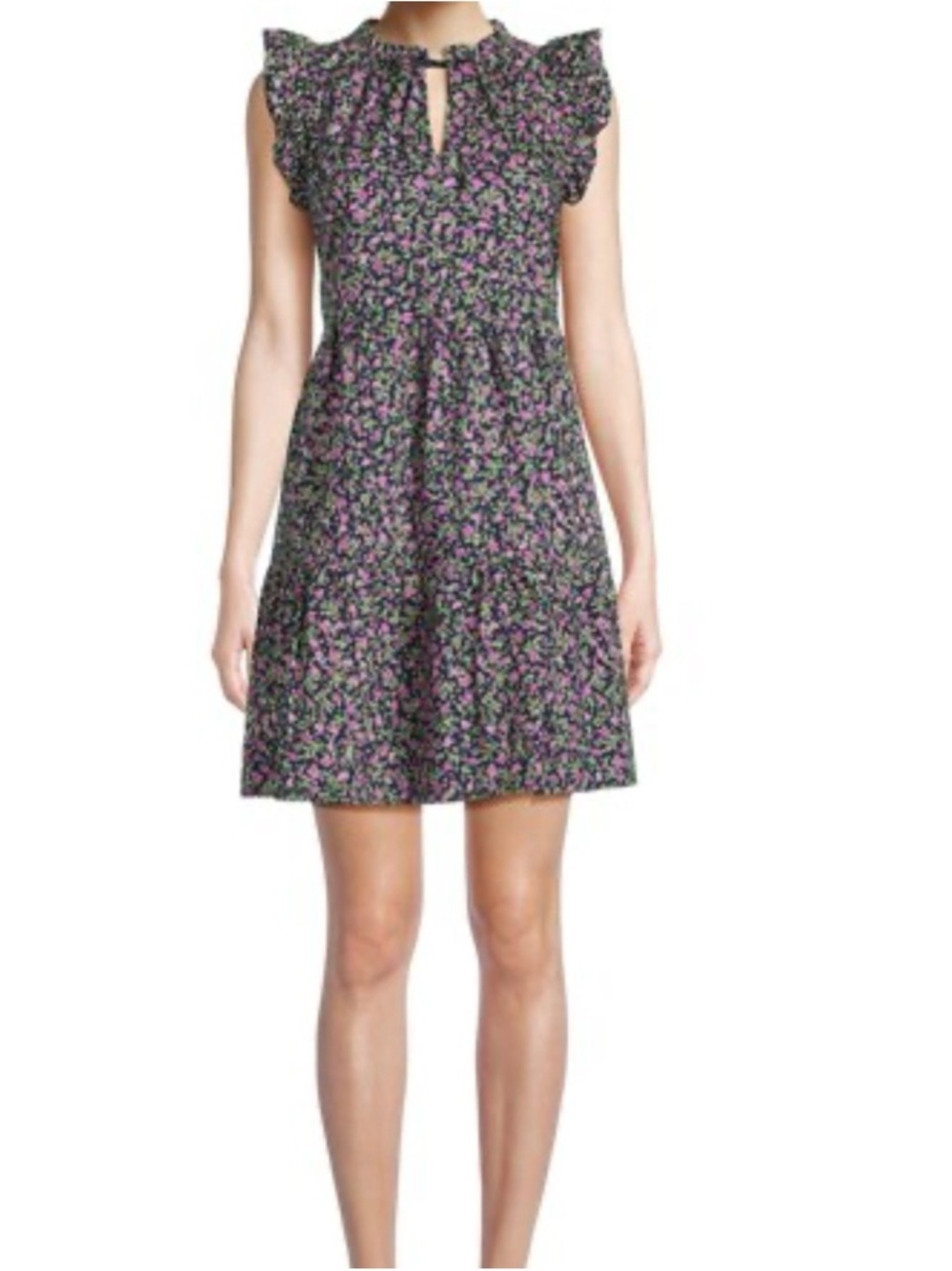 Time and Tru Black Floral Tiered Midi Dress with Pink and Green Print